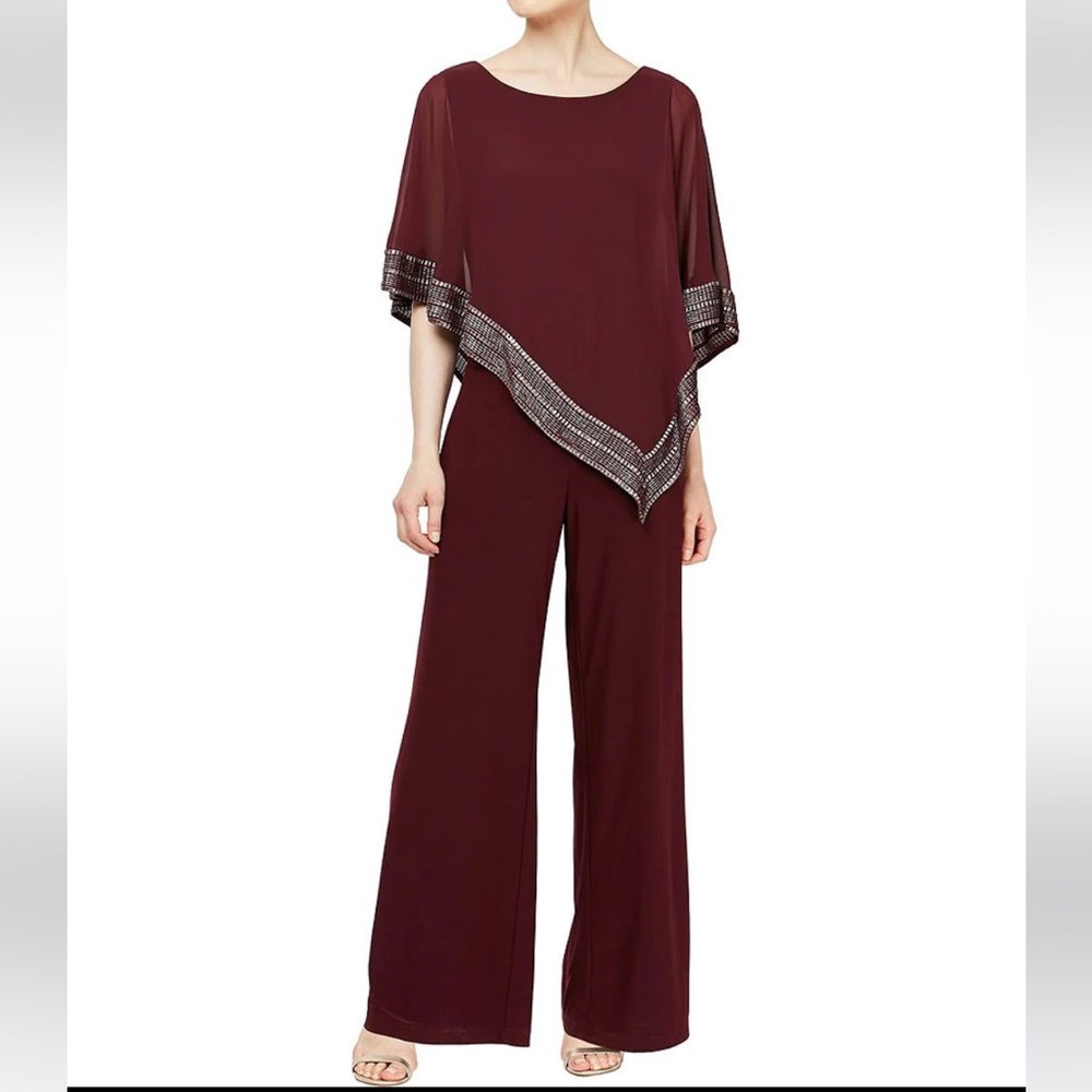 SLNY Foil Trim Asymmetric Cape Jumpsuit size 14